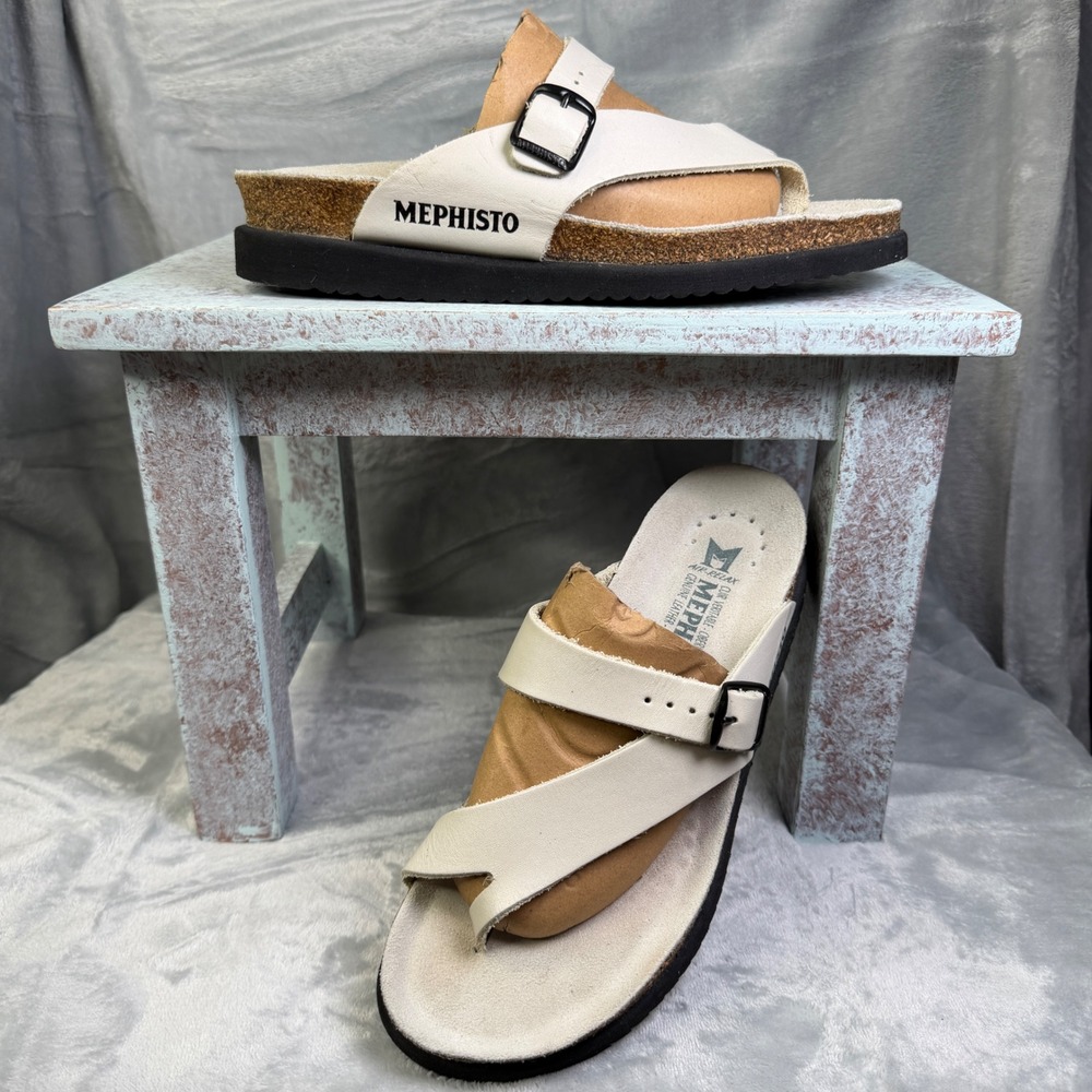 Mephisto Helen Sandals Womens 40 White Leather Cork Footbed Slides 6091572